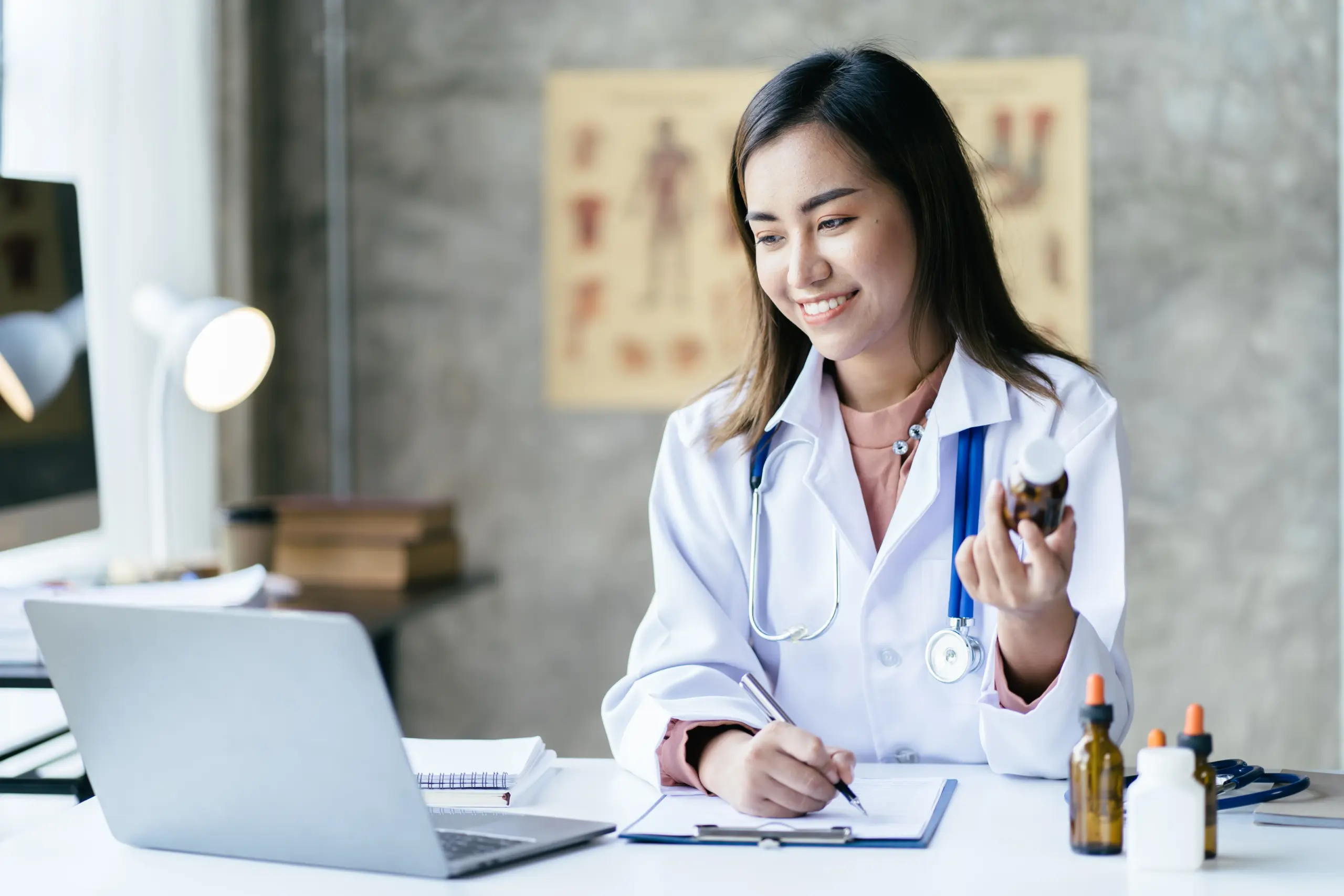 Doctor reviewing functional lab test results and medication.