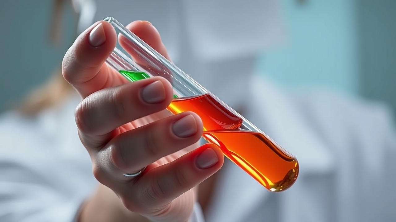Close-up of hand holding test tube with layered orange and green liquids. Functional lab testing.