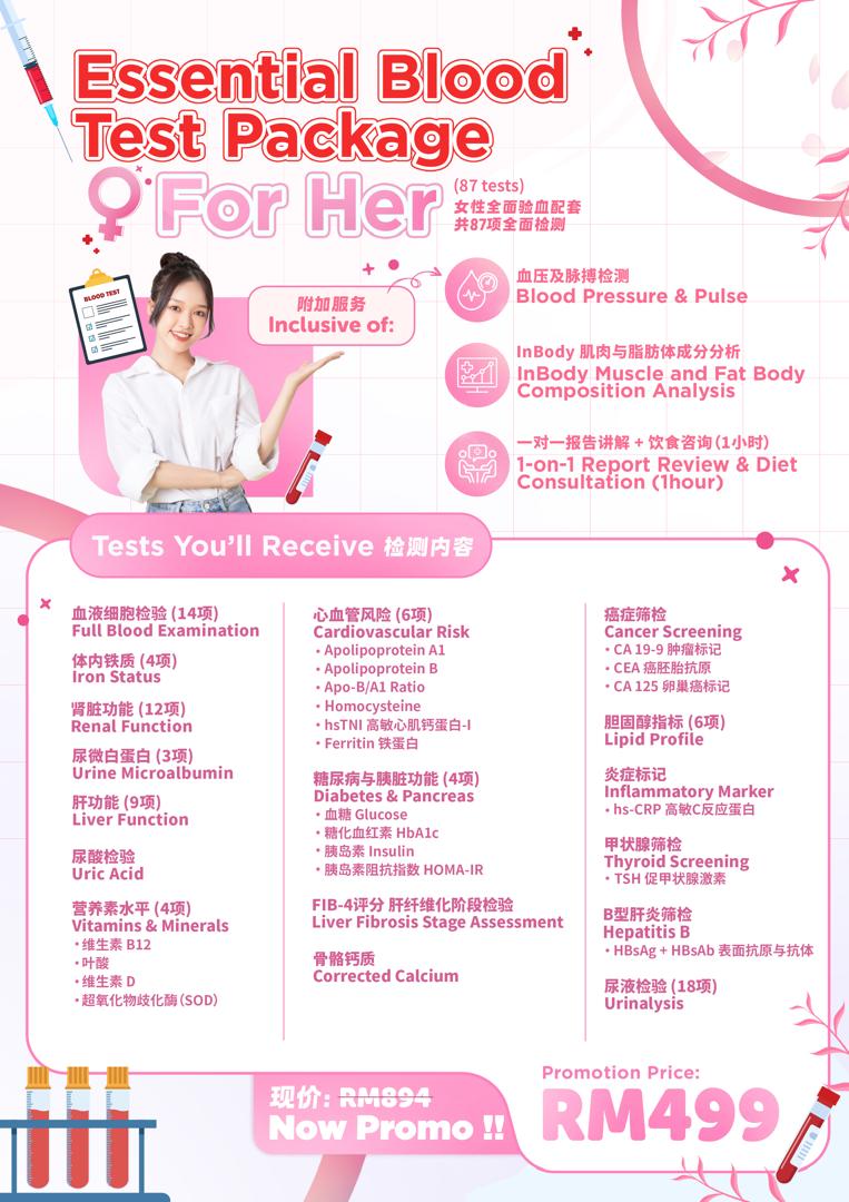 Essential blood test package promotion: RM499. Includes 87 tests & InBody analysis.