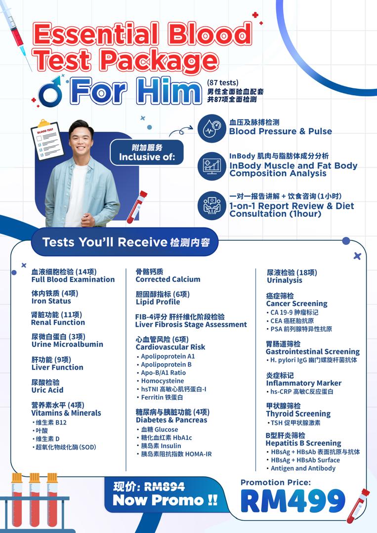 Essential blood test package for men: RM499 promotion. Includes blood tests, InBody analysis, and consultation.