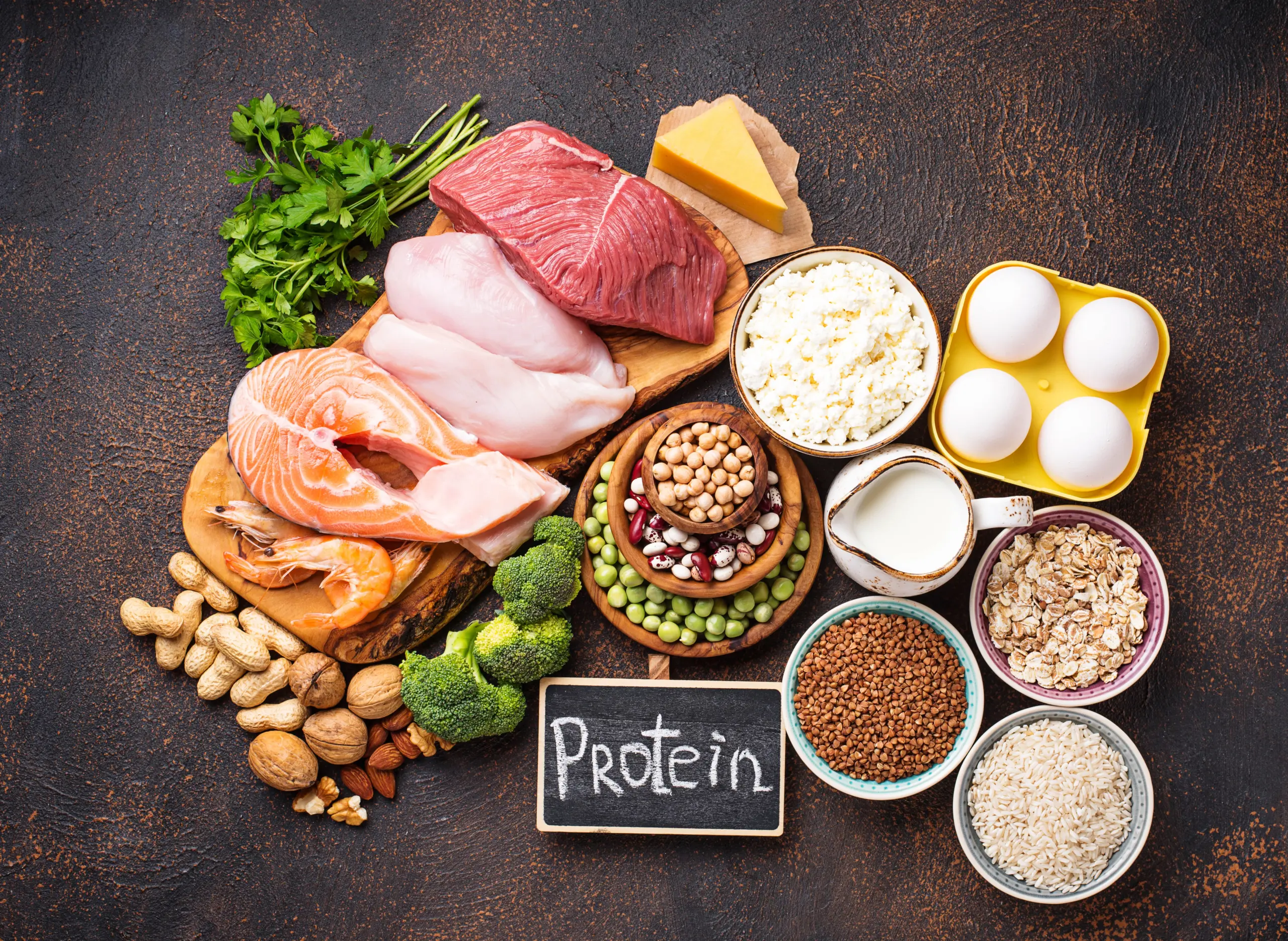 Variety of high-protein foods: meat, fish, eggs, beans, nuts, and grains. "Protein" label included.