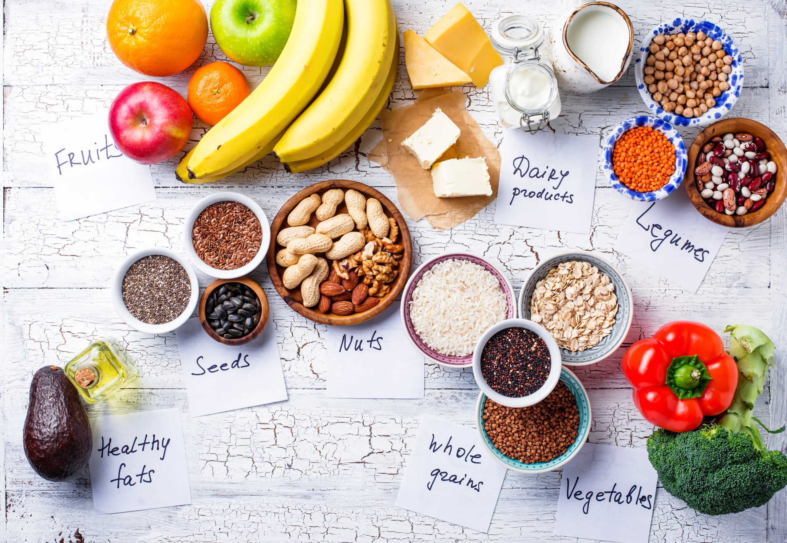 Variety of healthy foods: fruits, vegetables, nuts, seeds, legumes, whole grains, and dairy products. Nutrient-rich foods for a balanced diet.