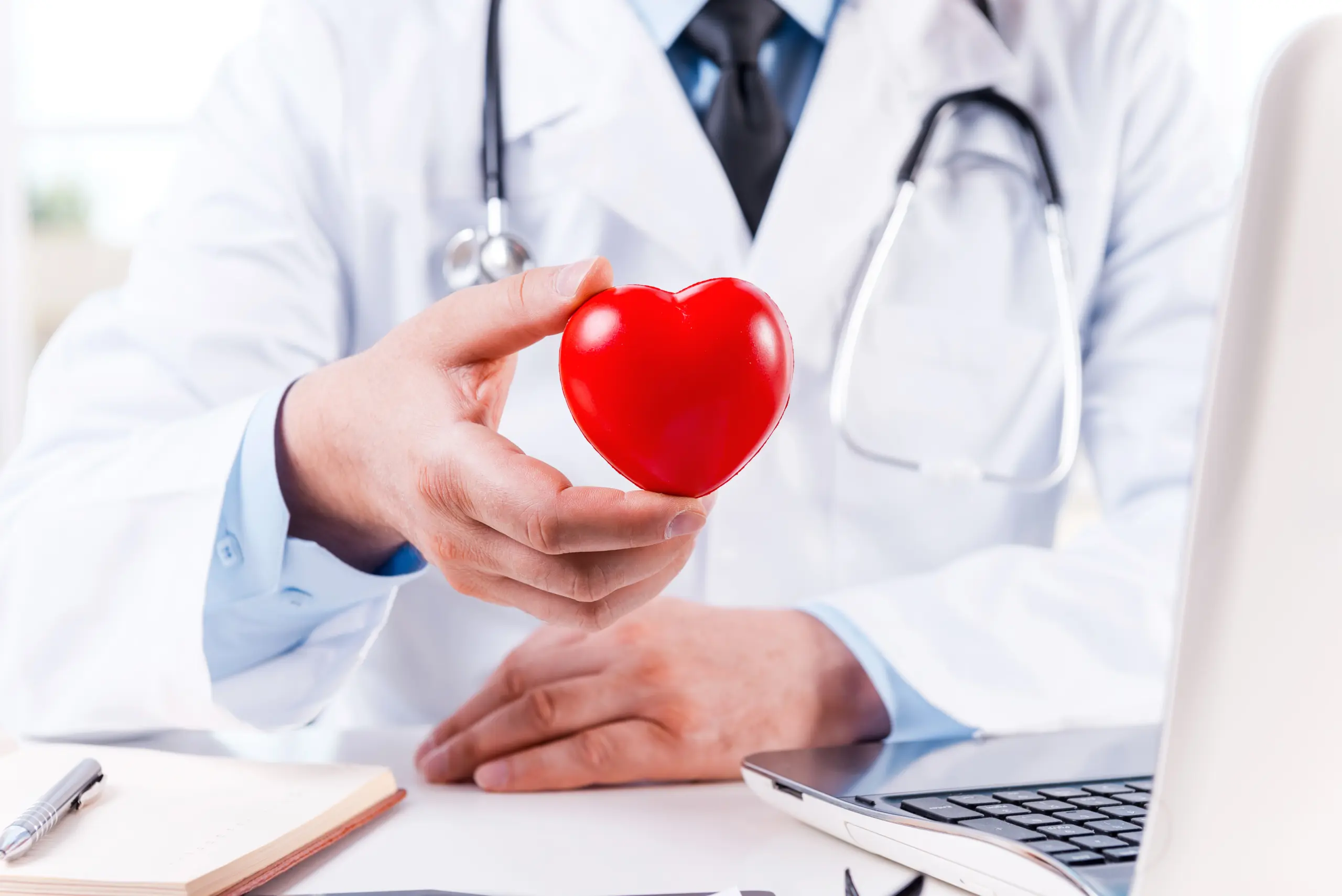 Doctor holding red heart, symbolizing heart health screening and blood tests.