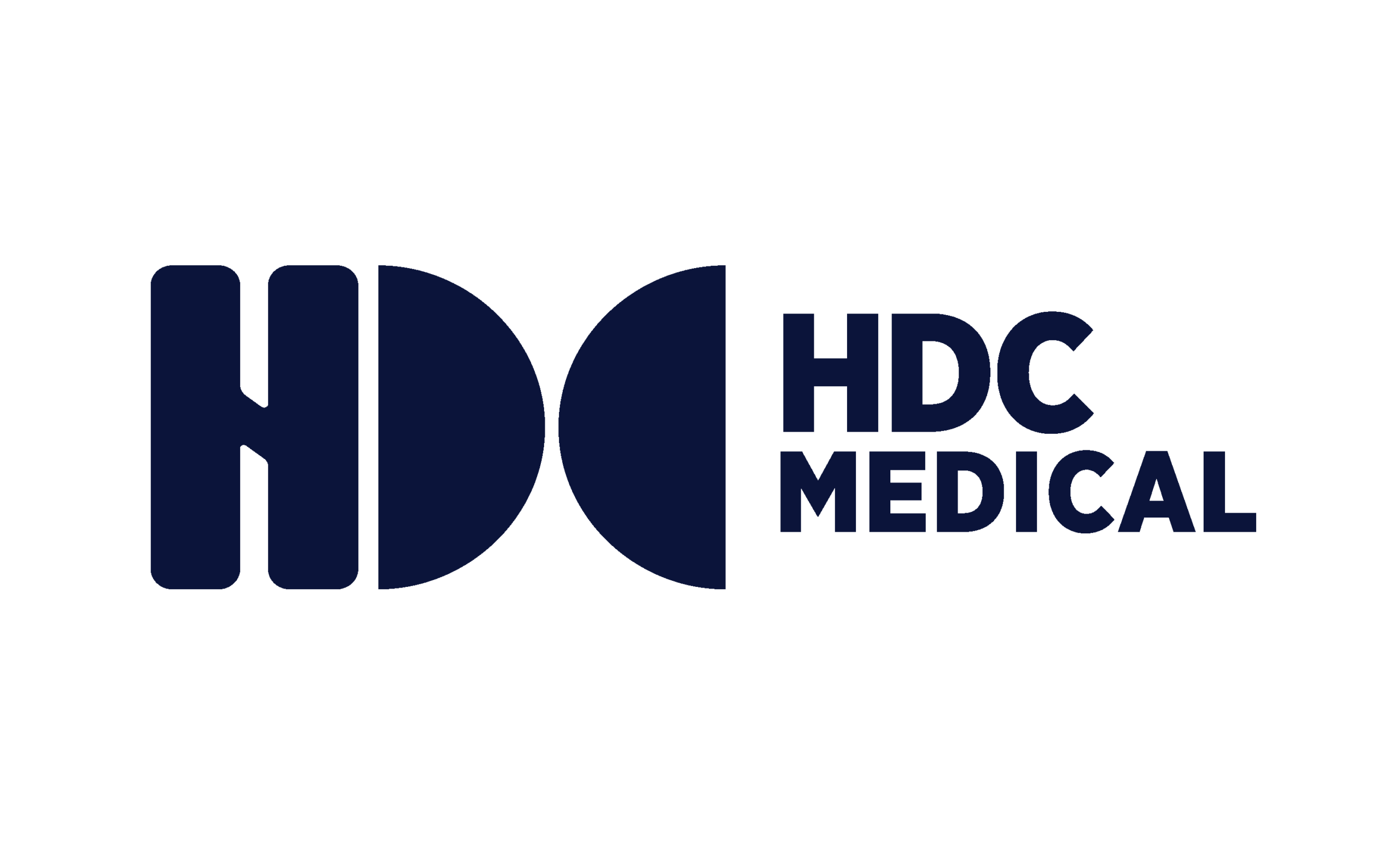 HDC Medical logo in navy blue: HDC with a half-circle design element, followed by "HDC MEDICAL" text.