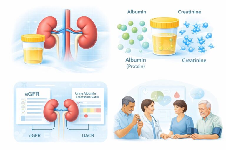 Kidney function test illustration with albumin, creatinine.