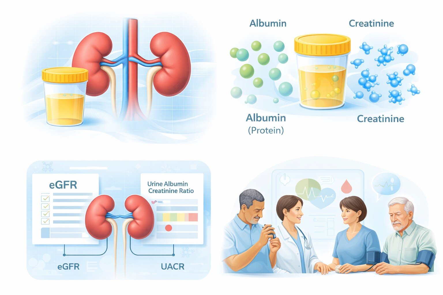 Kidney function test illustration with albumin, creatinine.