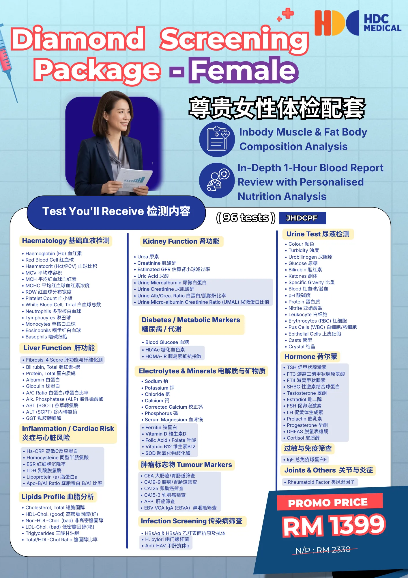 Diamond screening package for female, 96 health tests.