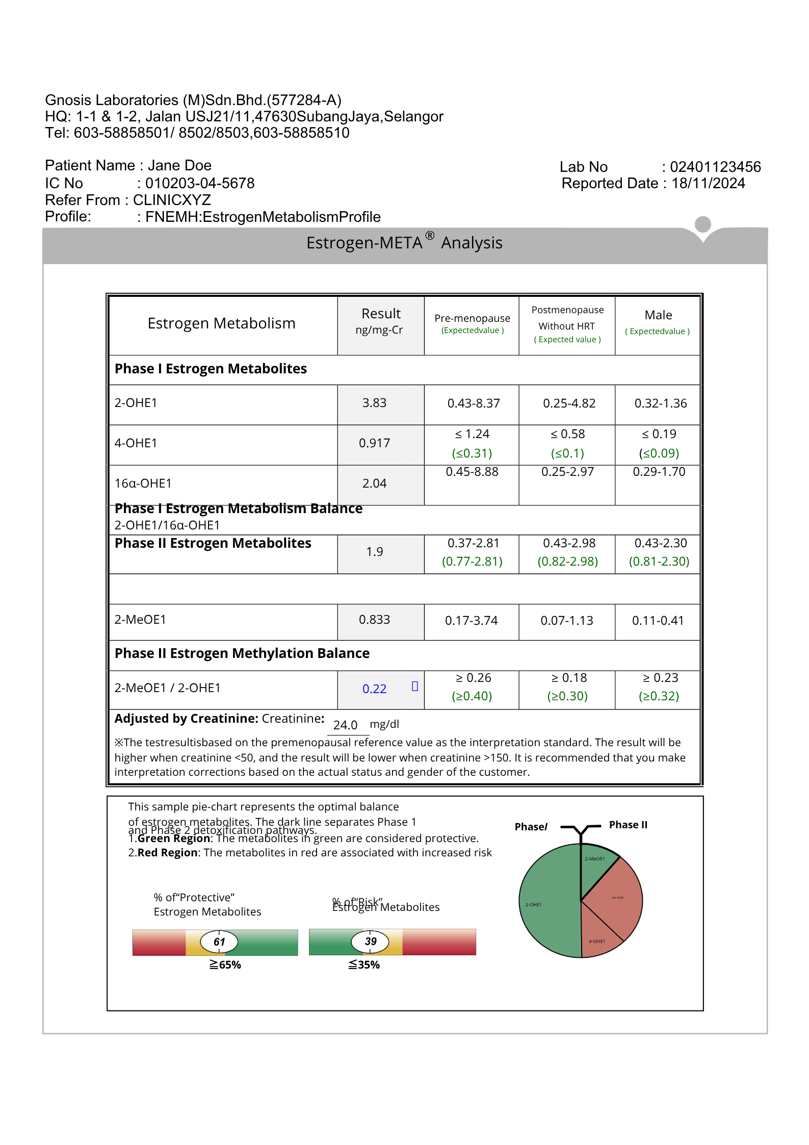 Estrogen metabolism analysis report with pie chart.