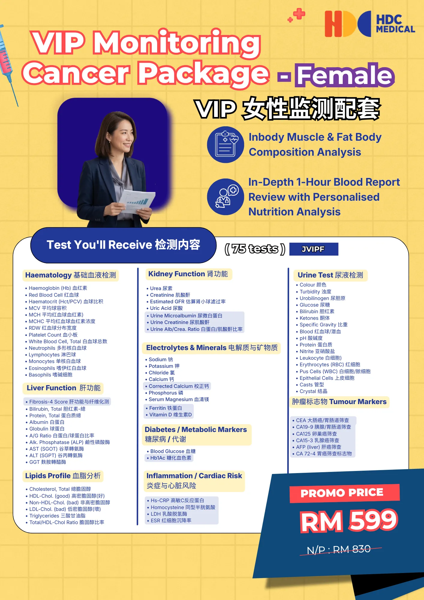VIP female cancer monitoring package details and price.