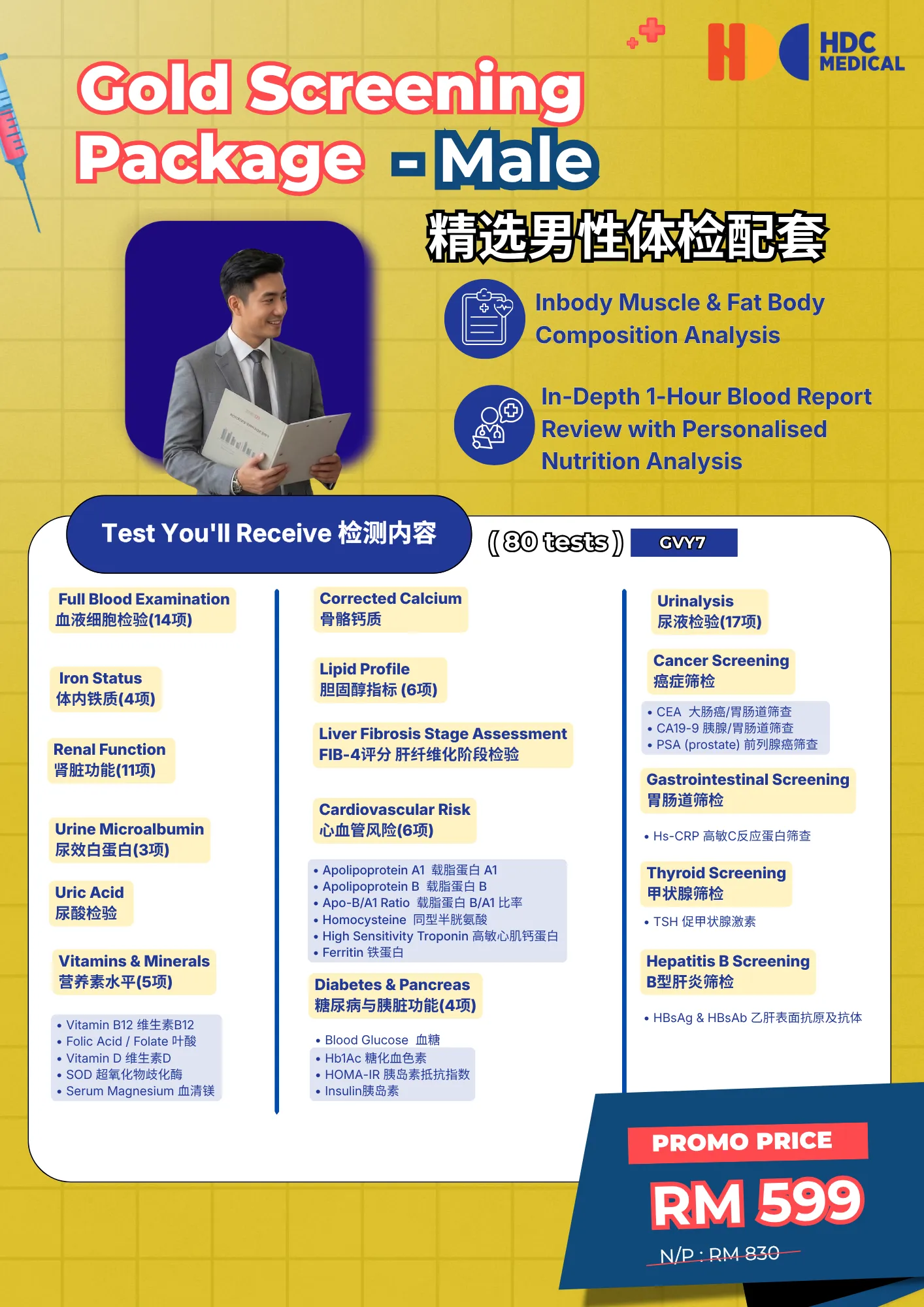 Gold male health screening package details and price.