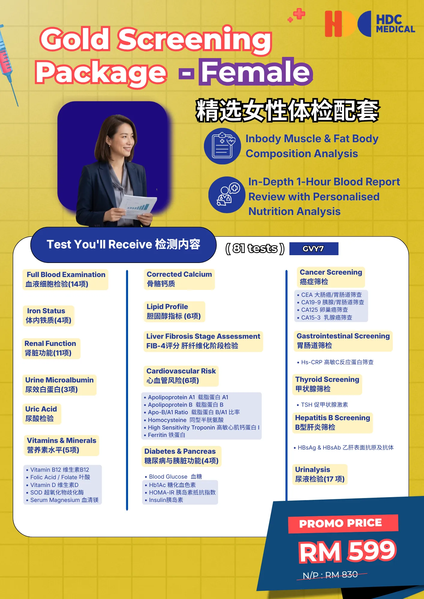 HDC Medical female health screening package details.