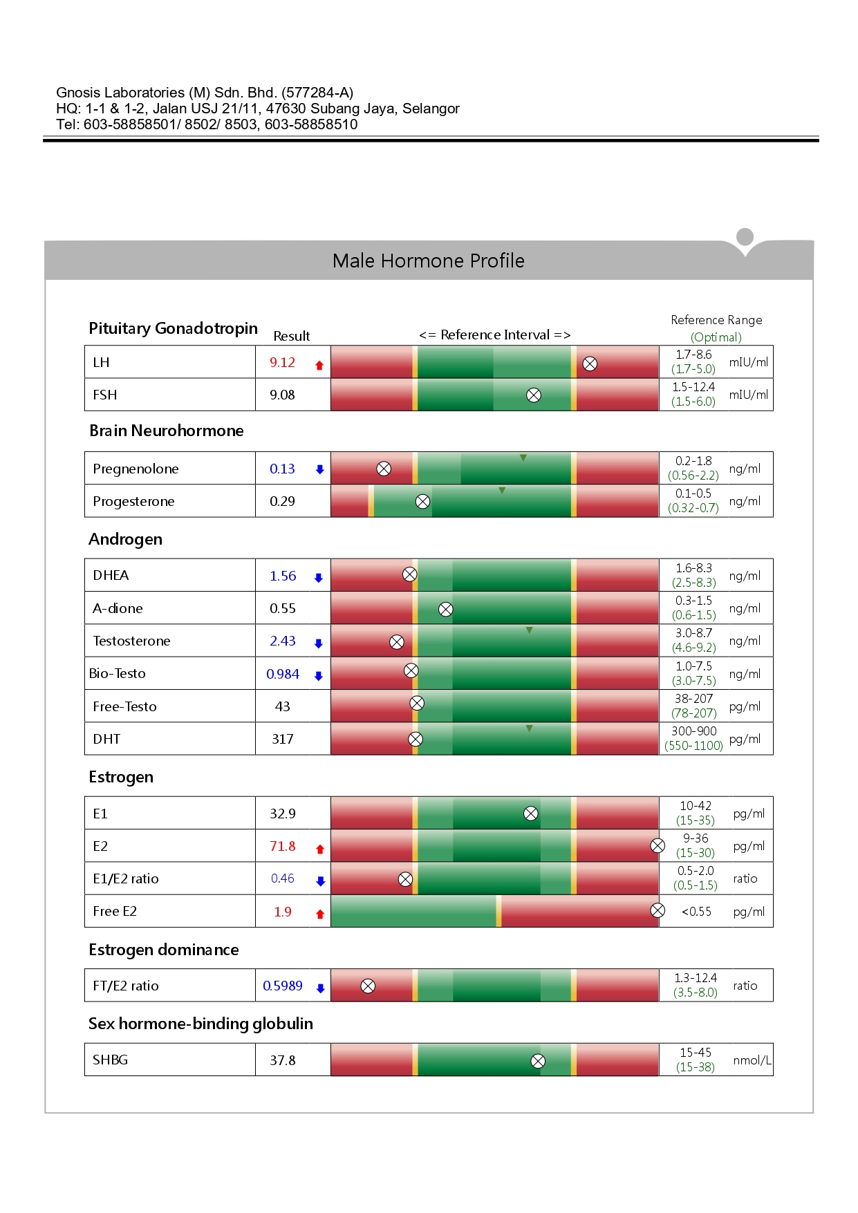 Male hormone profile report with various hormone levels.