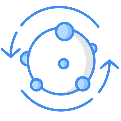 Circular arrows around atom illustration.
