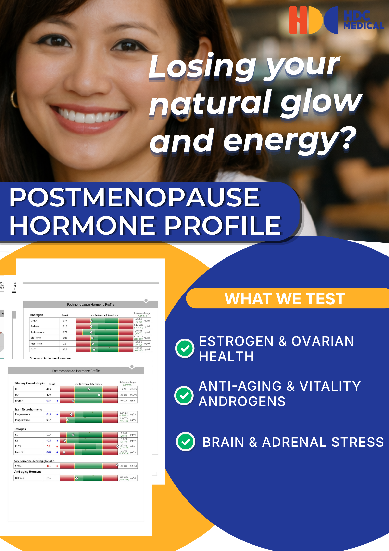 Postmenopause hormone profile testing for energy, vitality.