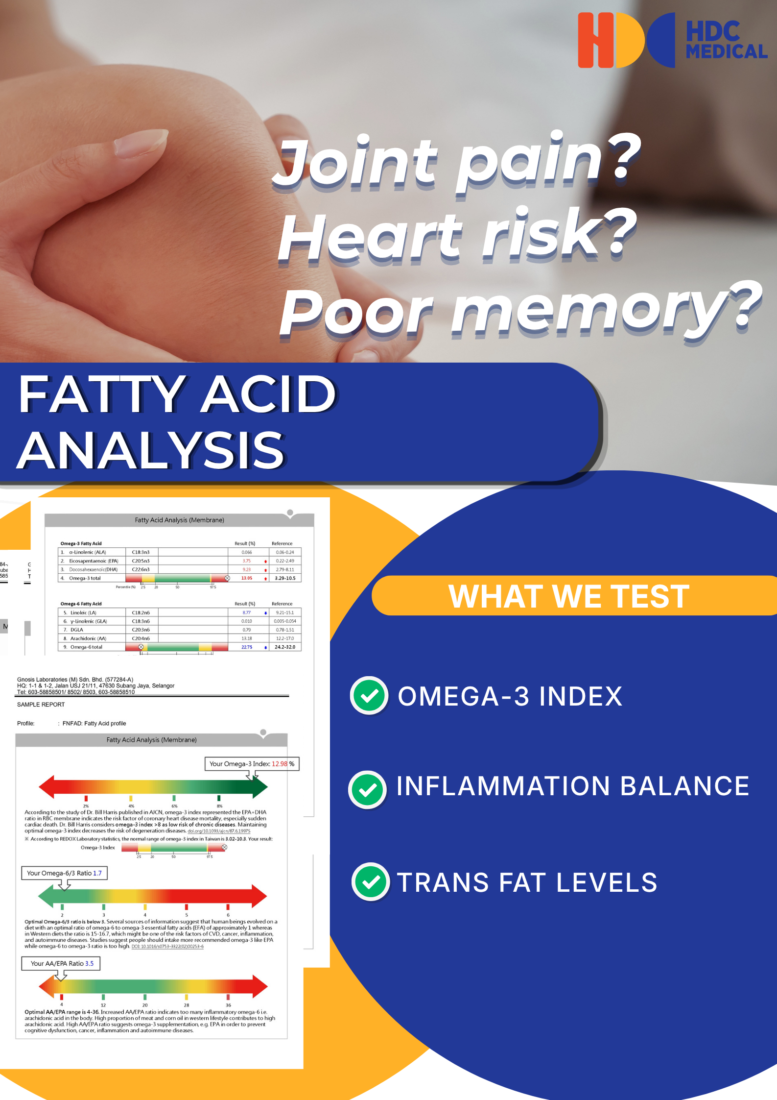 Fatty acid analysis for joint, heart, memory health.