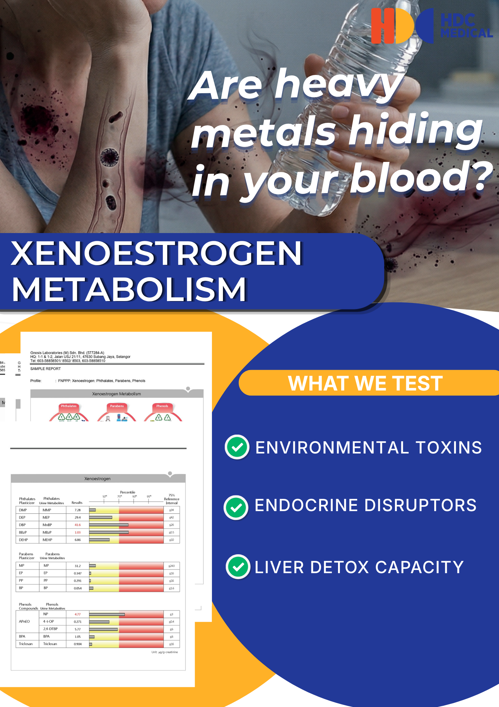Xenoestrogen metabolism test for heavy metals in blood.