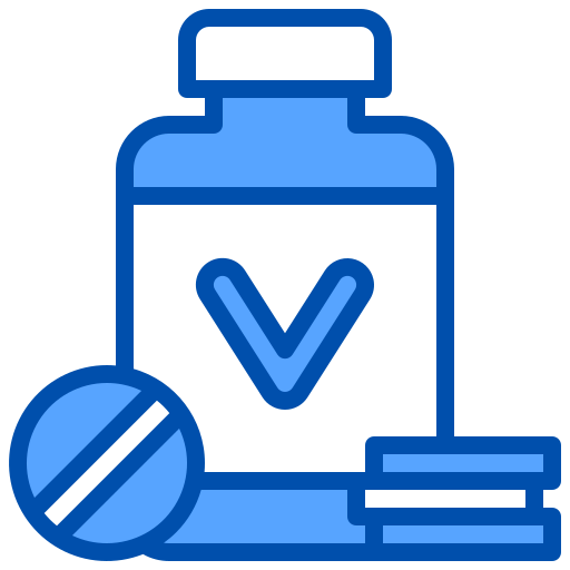 Vitamin bottle and pills icon, blue outline