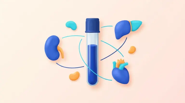Complete blood test illustration — blood sample tube with organ icons, HDC Medical
