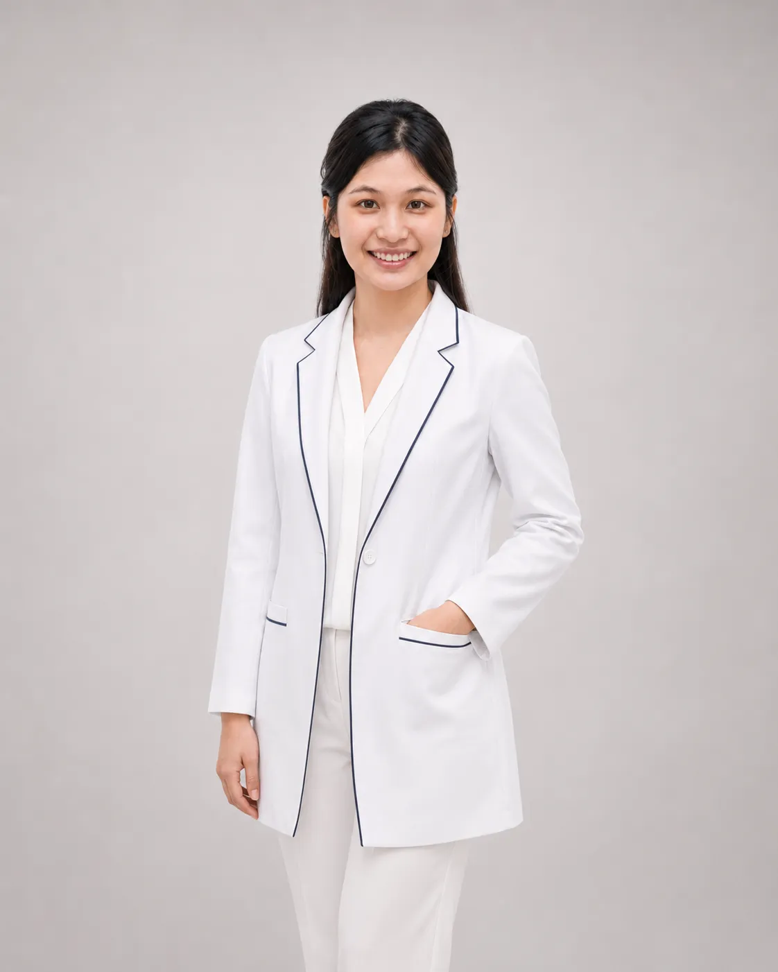 Person smiling in white suit against gray background.